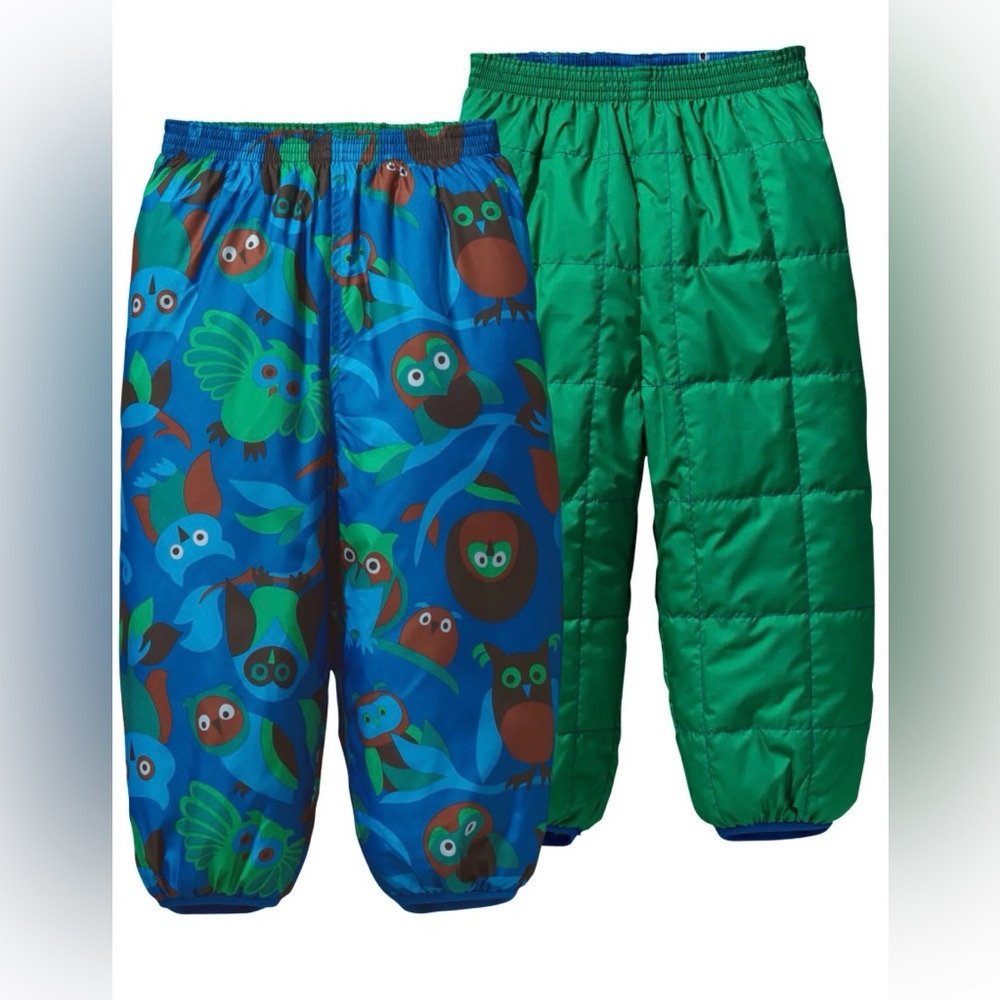 Patagonia Reversible Puff-Ball Pants Blue Owl Print Green Quilted Infant 18 Mths